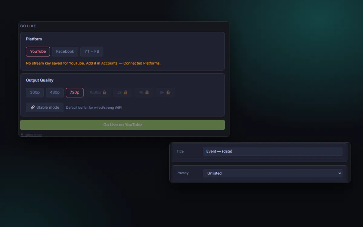 The Live Stream settings: stream title, privacy set to Unlisted, and the Go Live panel with YouTube, Facebook or both
